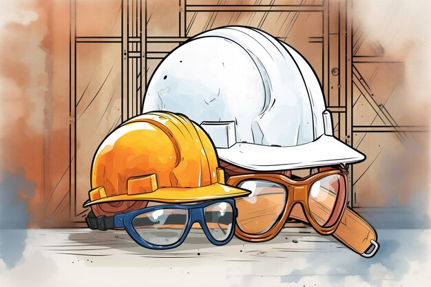 Foto casco di sicurezza e occhiali di protezione contro lo sfondo industriale