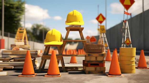 Safety helmet on signboard and traffic cones