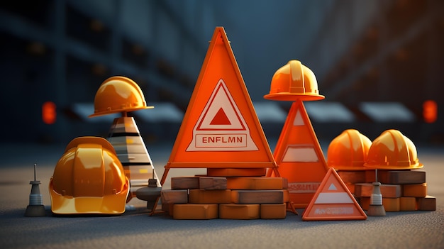 Photo safety helmet on signboard and traffic cones