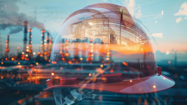 A safety helmet superimposed with industrial plant imagery symbolizing engineering