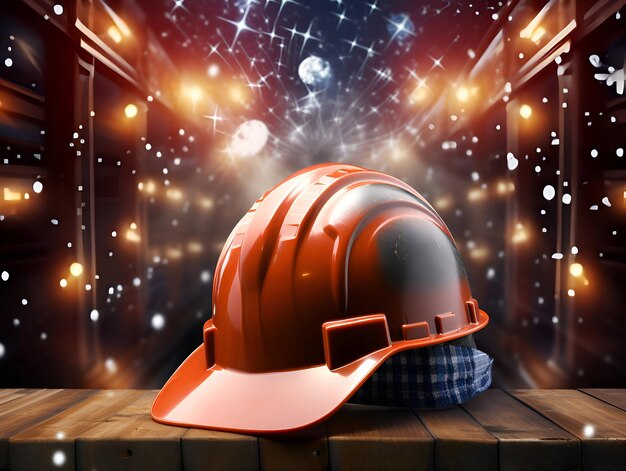 Safety helmet on wooden table on bokeh background 3d rendering