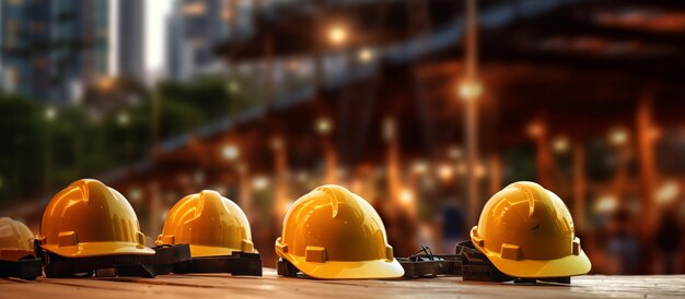 Safety helmets in construction with blur light town background