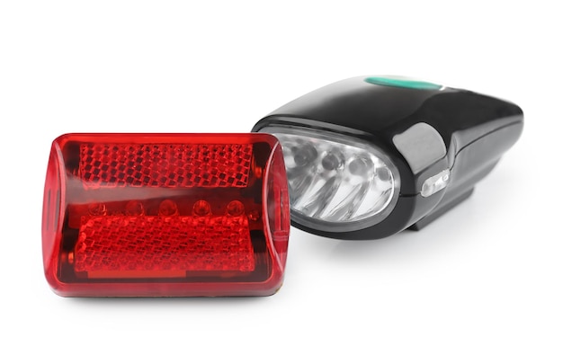 Safety lights for bicycle on white background