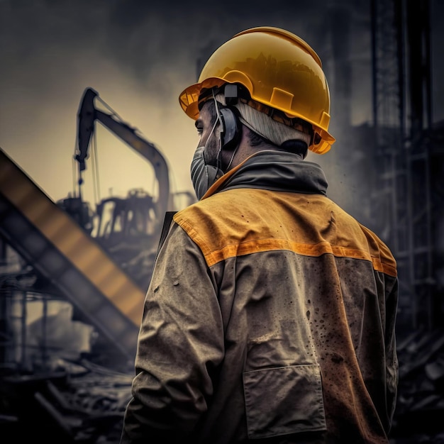 safety officer back view wearing hard hat supervising on job site generative AI