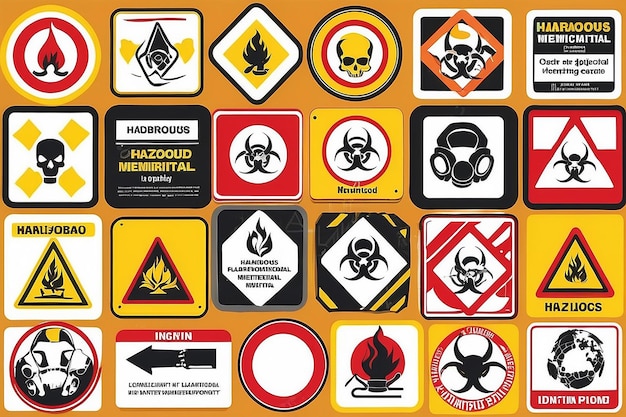 Фото Безопасные знаки и этикетки для опасных материалов векторная иллюстрация в плоском стиле