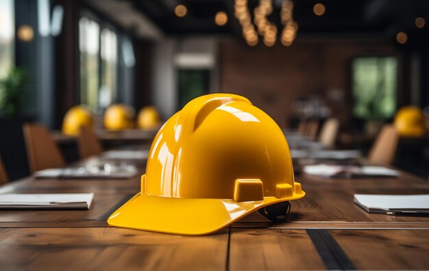 Photo safety standard yellow construction helmet displayed on a dedicated table