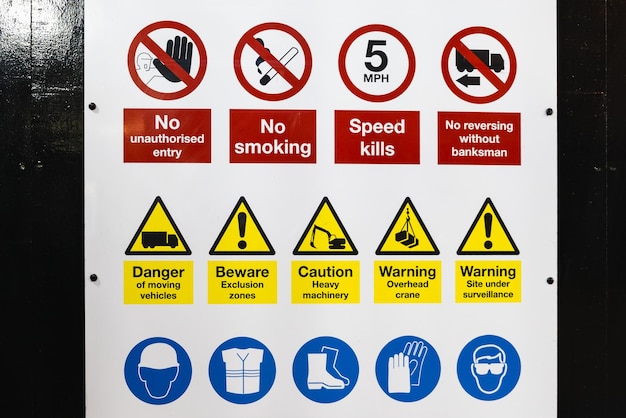 Safety and warning signs construction site regulations with hazard and protective symbols