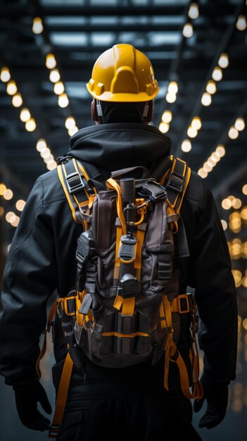 Фото Человек, оснащенный средствами безопасности, вид сзади, готовый к использованию защитного снаряжения и готовности вертикальный мобильный wa