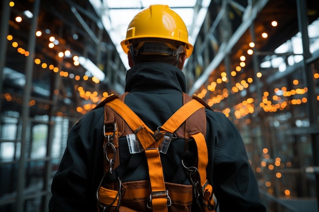 Safetyequipped man viewed from behind ready with protective gear and readiness