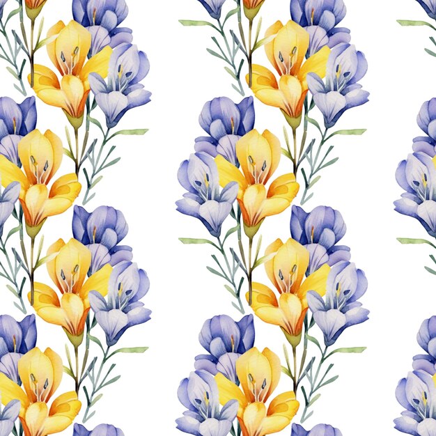 Saffraan in aquarelstijl Naadloos patroon van blauwe en gele bloemen op een witte achtergrond