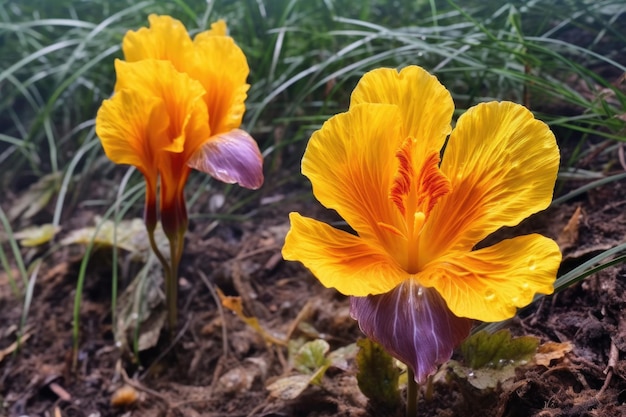 Saffraan krokusbloemen bloeien in een tuin