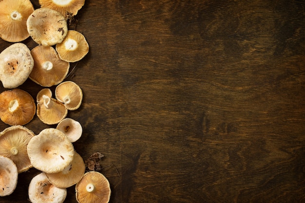 Saffraan melkdop oogst paddenstoelen op tafel vrije ruimte voor uw tekst