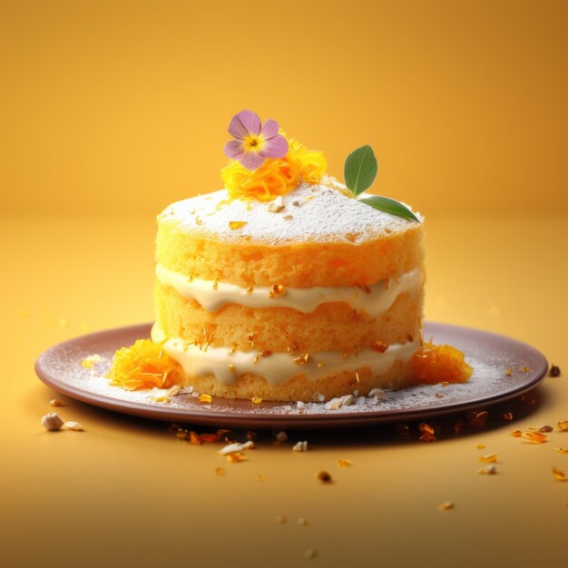 Saffron cake op gele achtergrond Charming frivoliteit in 3D rendering