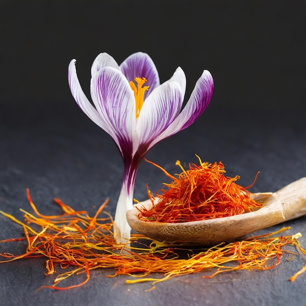 Foto fiore di zafferano e ciotola bianca