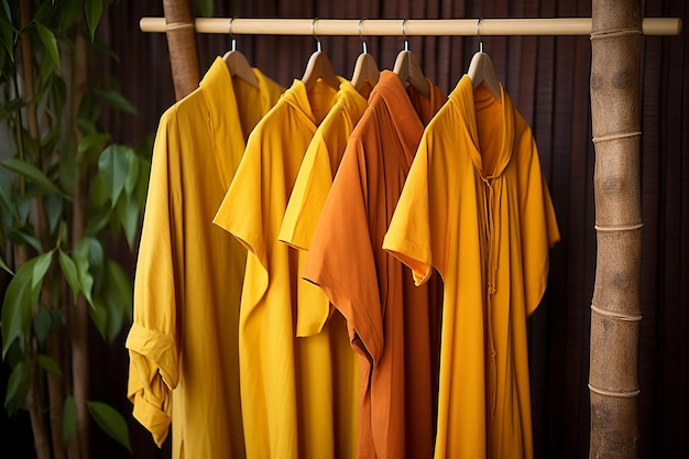 Photo saffron robes hanging on bamboo clothing rack