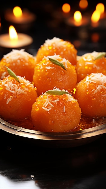 Saffron spheres Indian motichoor laddoo a sweet embodiment of rich flavors Vertical Mobile Wallpape