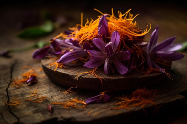 saffron spice saffron leaves and flowers on a wooden surface Generative AI