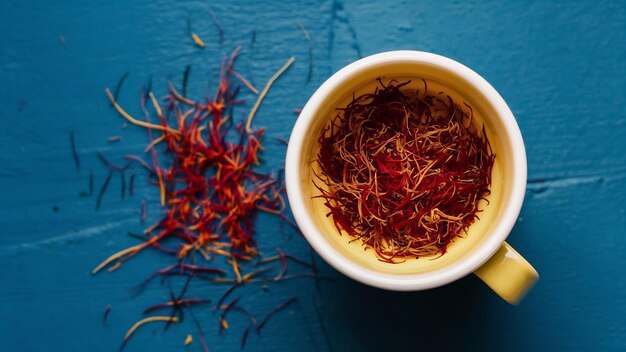 Saffron spices in a yellow ceramic cup on blue background high quality photo