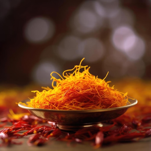 Saffron threads in a copper bowl on a wooden table
