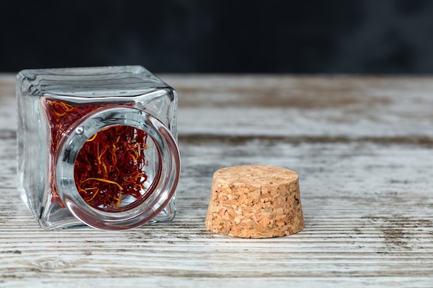 Saffron threads in an open jar