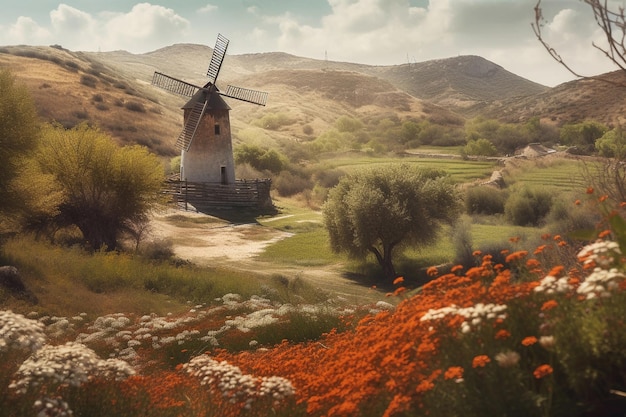 Saffron valley landscape old windmill AI Generated