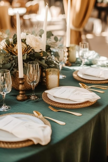 Зелёный праздничный стол с декорациями для свадебной вечеринки и празднования событий