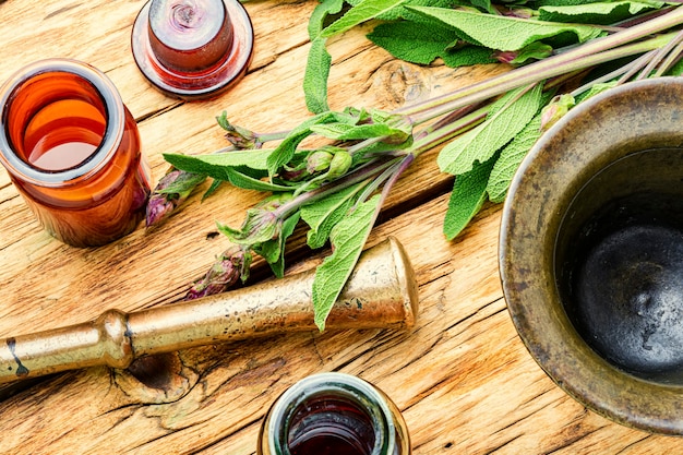 Sage leaves or salvia on rustic wooden table.Healing herbs