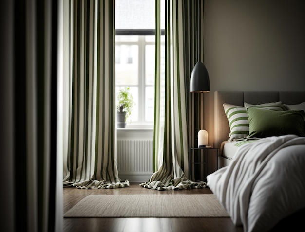 Шалфей и полосатые шторы в современной спальне