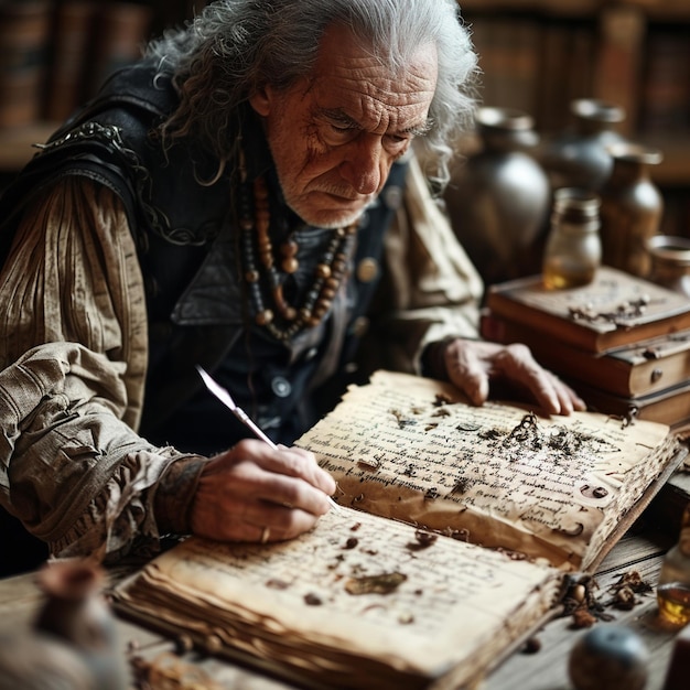 Photo sage writing in an enchanted grimoire