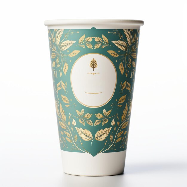 Sager Paper Cup met bladpatroon Mock Up op witte achtergrond