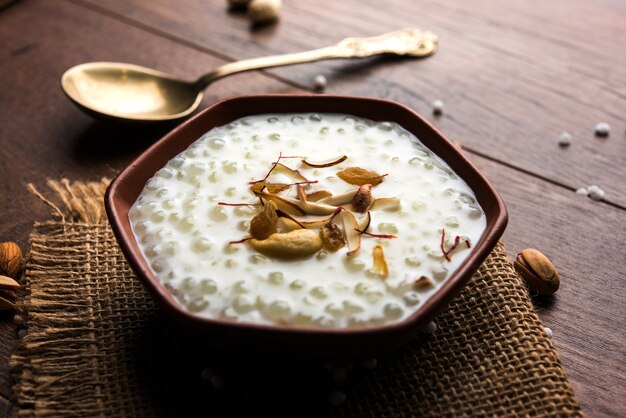 Sago Kheer of Sabudana Khir is een zoet gerecht uit India. Geserveerd in een kom met lepel. Selectieve focus