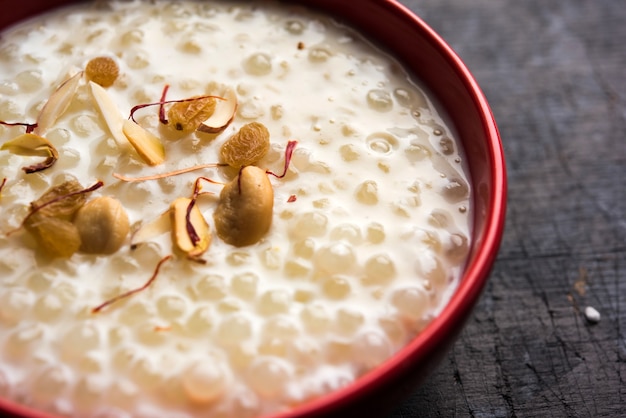 Sago Kheer of Sabudana Khir is een zoet gerecht uit India. Geserveerd in een kom met lepel. Selectieve focus