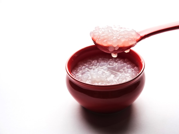 Sago or Sabudana Porridge Recipe for Babies and Toddlers, served in a bowl with spoon, selective focus