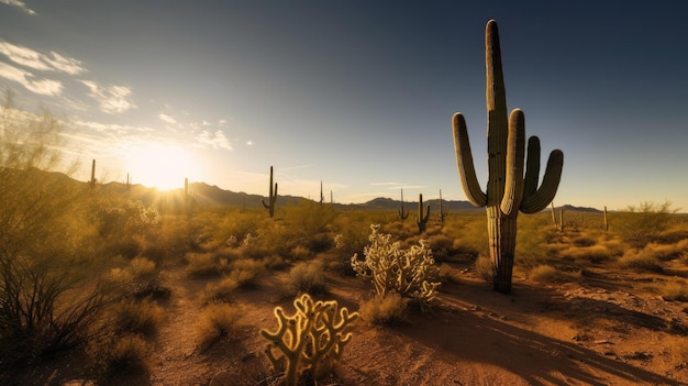 Saguaro Cactus on the desolate hot dry land of desert with Generative AI Technology