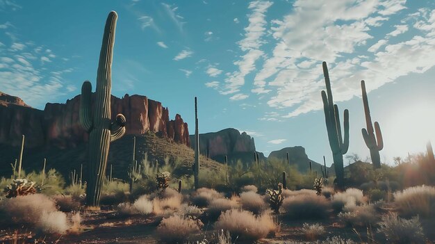 Saguaro cactus stand tall in the foreground with a mountain backdrop under a blue sky with white clouds