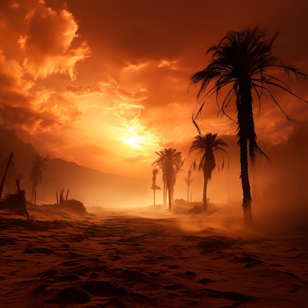 sahara desert a beautiful image with palm trees a sandstorm ultra realistic image