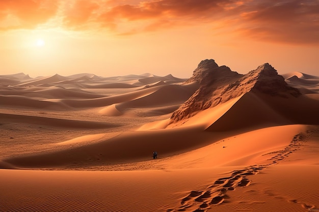 The Sahara desert stretches endlessly its dramatic landscape captivating the senses Vast dunes rise and fall sculpted by the wind Generative AI