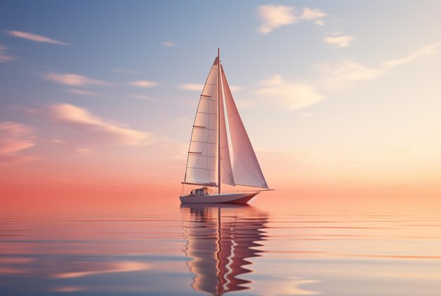 sail boat in the blue sea of sunset in the style of light orange and light magenta