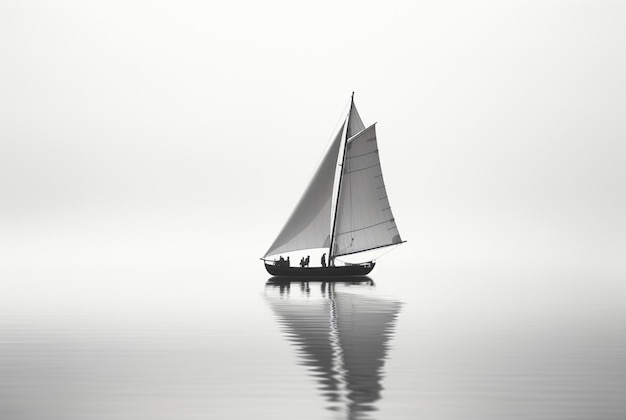 sail boat over calm water in the style of light white and gray