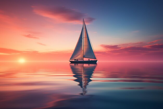Фото Парусная лодка в голубом море заката в стиле светло-оранжевого и светло-магента