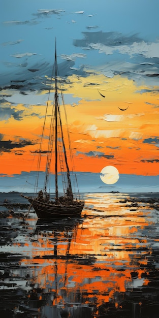 Photo sail boat sunset painting palette knife artwork by rafa olbiski