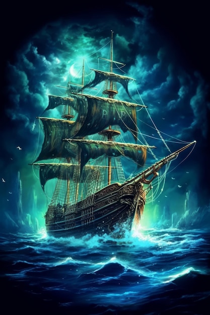 A sail ship is in the ocean at night