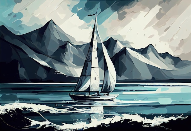 Sailboat against a background of sea digital painting Generate Ai