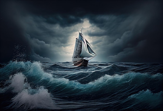 Sailboat against a background of sea and storm Generate Ai