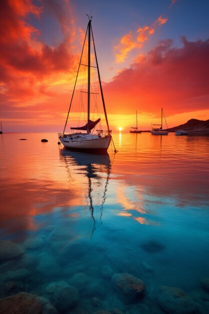 Sailboat anchored in calm sea at sunset with vibrant red orange sky and crystal clear water reflecting the sky and boat