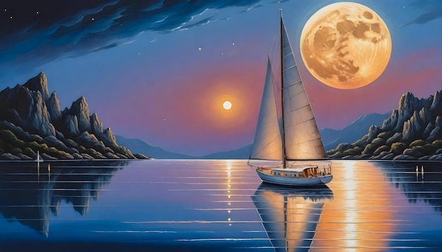 A sailboat on a calm body of water with a large detailed moon in the background during twilight