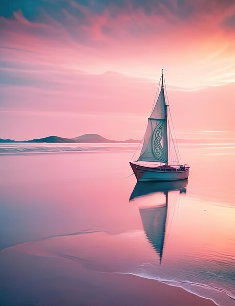 Foto una barca a vela su acque calme con cielo rosa e montagne sullo sfondo