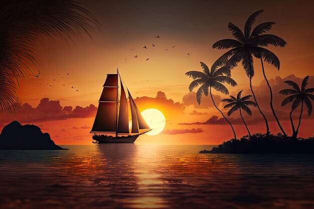 Sailboat cruising past lush tropical island sunset created with generative ai