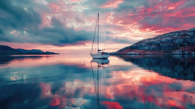 Foto barca a vela alla deriva sopra l'acqua al tramonto con il cielo in fiamme in afterglow aig