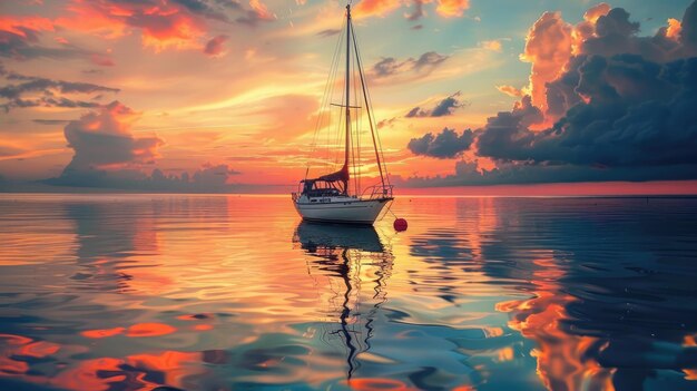 Photo sailboat drifting atop water at sunset with sky ablaze in afterglow aig